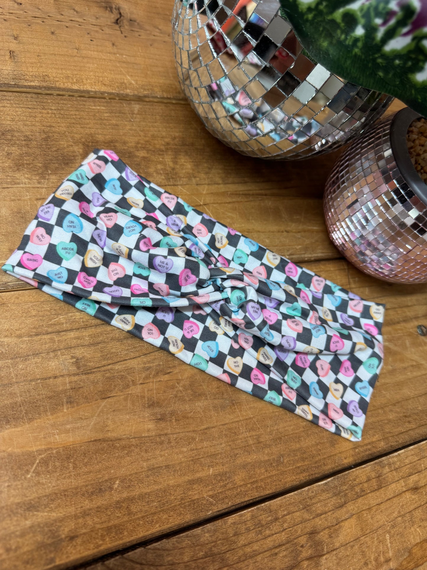 Gray and white checker anti conversation hearts headband