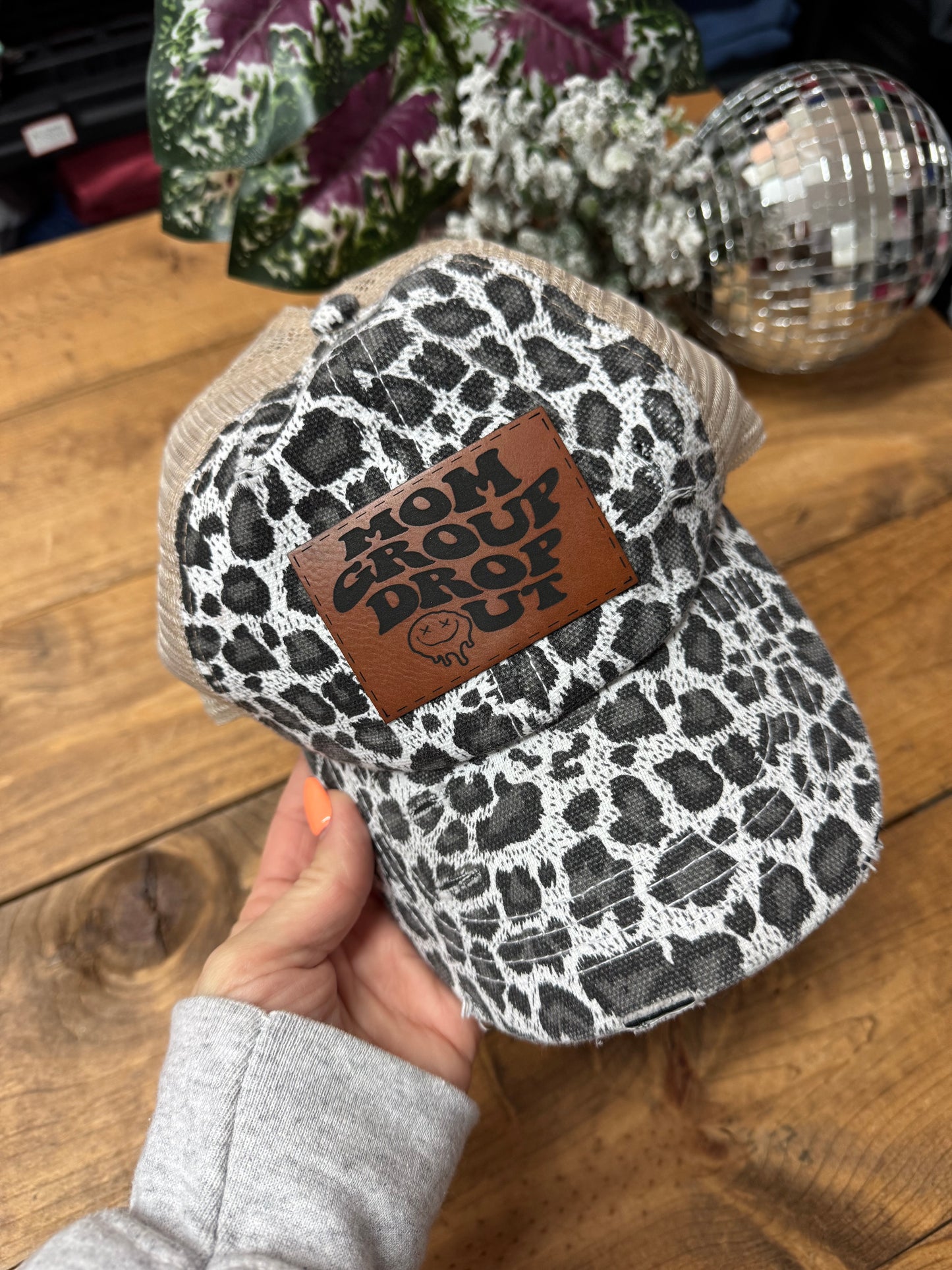 Gray leopard mom group drop out club ponytail hat