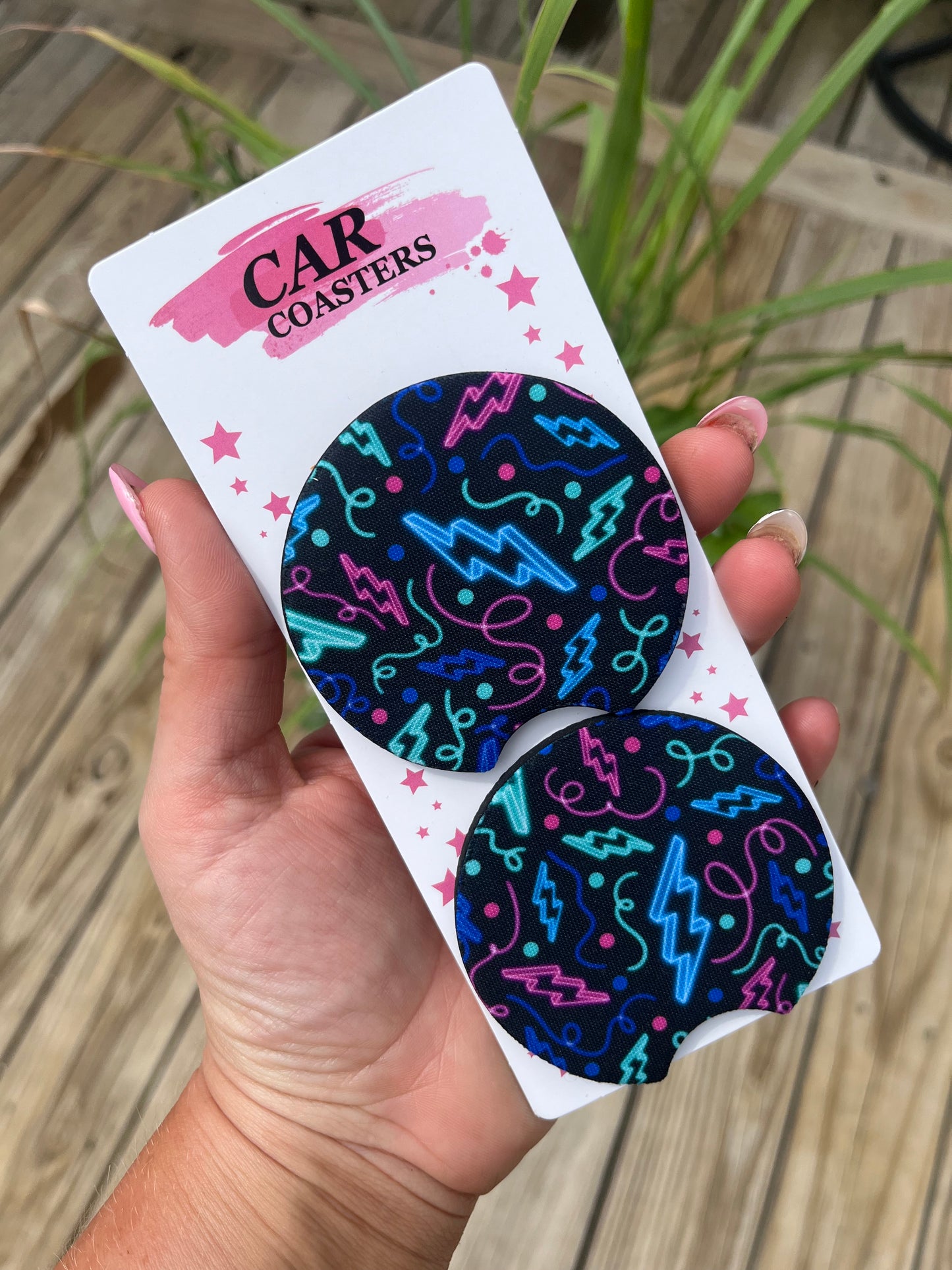 Black neon lightning bolt car coasters