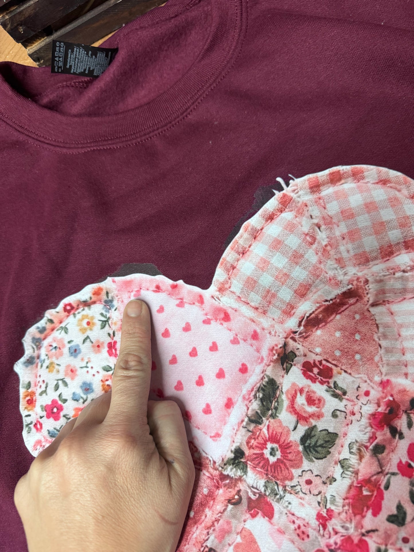 Size XL imperfect patchwork heart crewneck