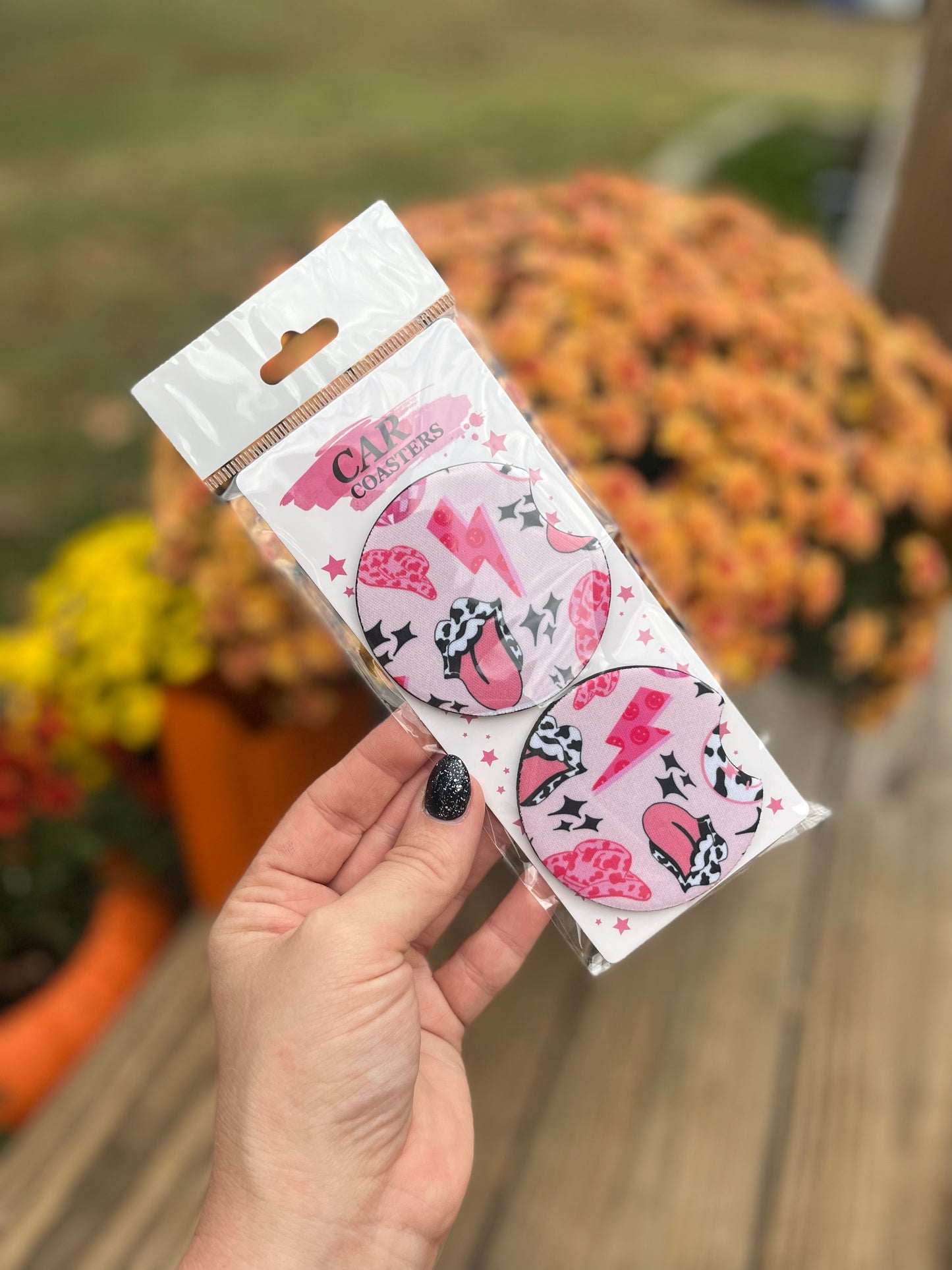pink, cowhide, and lightning car coasters
