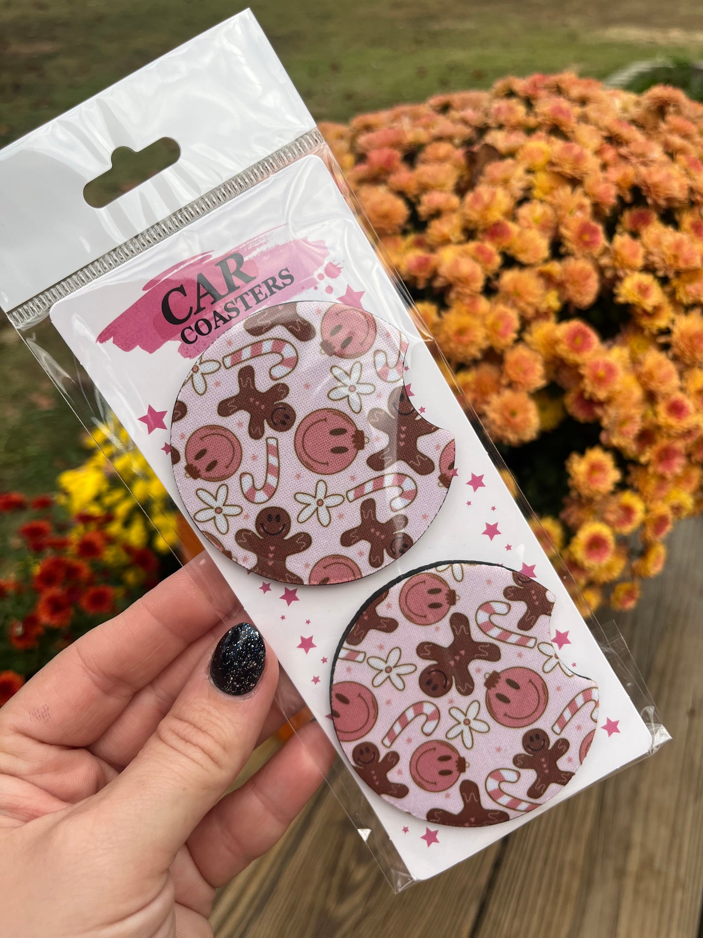 Pink gingerbread and candy cane car coasters