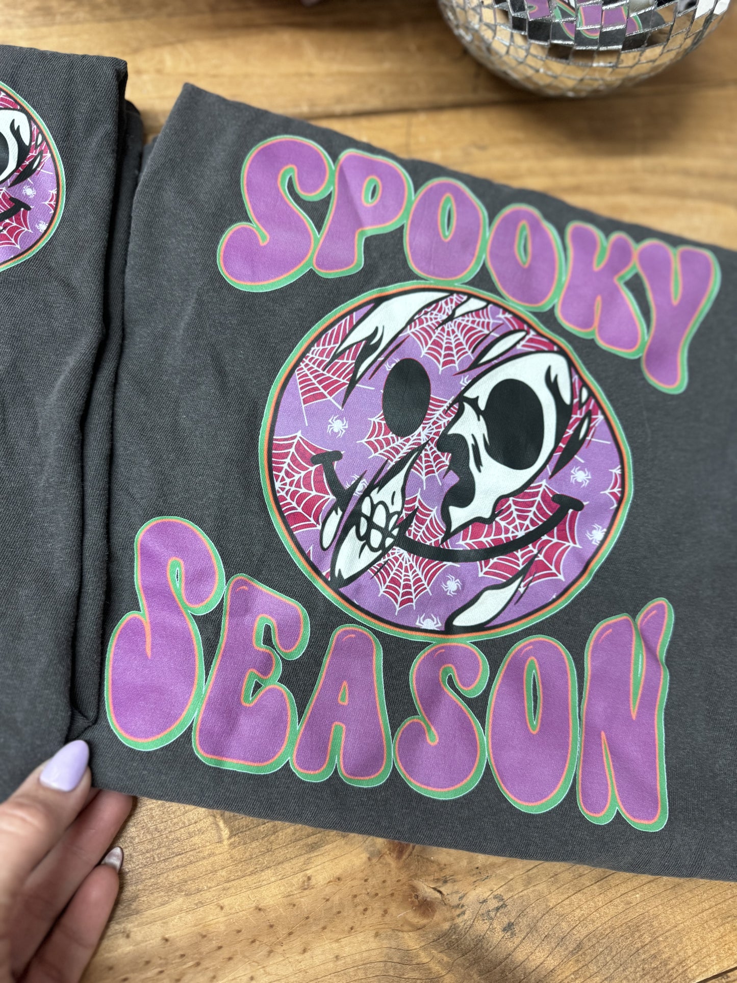 Size medium Purple from and back spooky season comfort colors tee