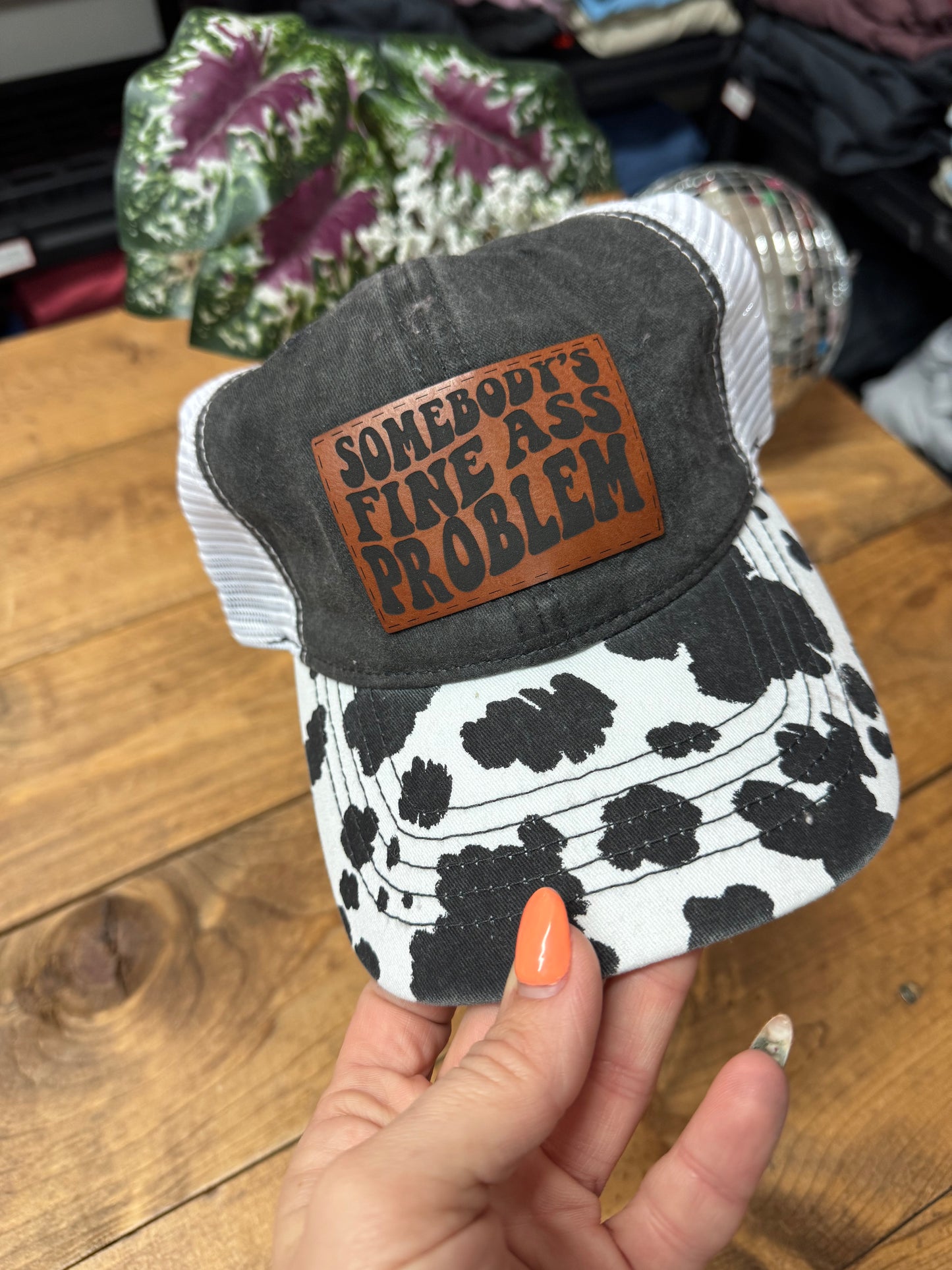 Somebody’s fine ass problem black cow print baseball cap