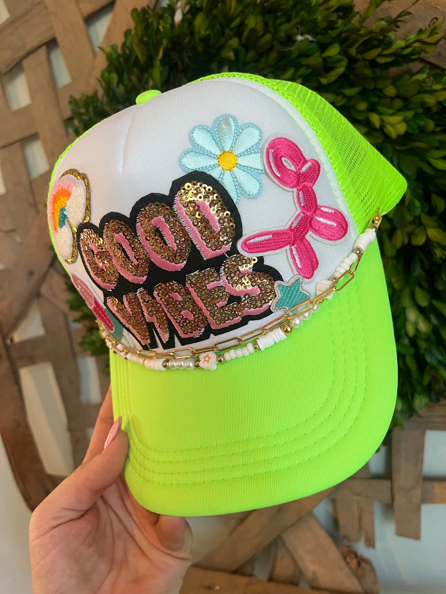 Good vibes neon green trucker