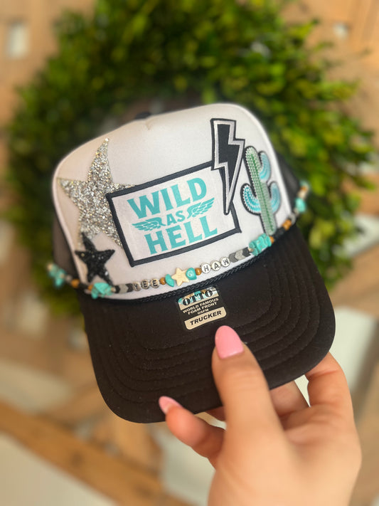 Black and Turquoise wild as hell trucker