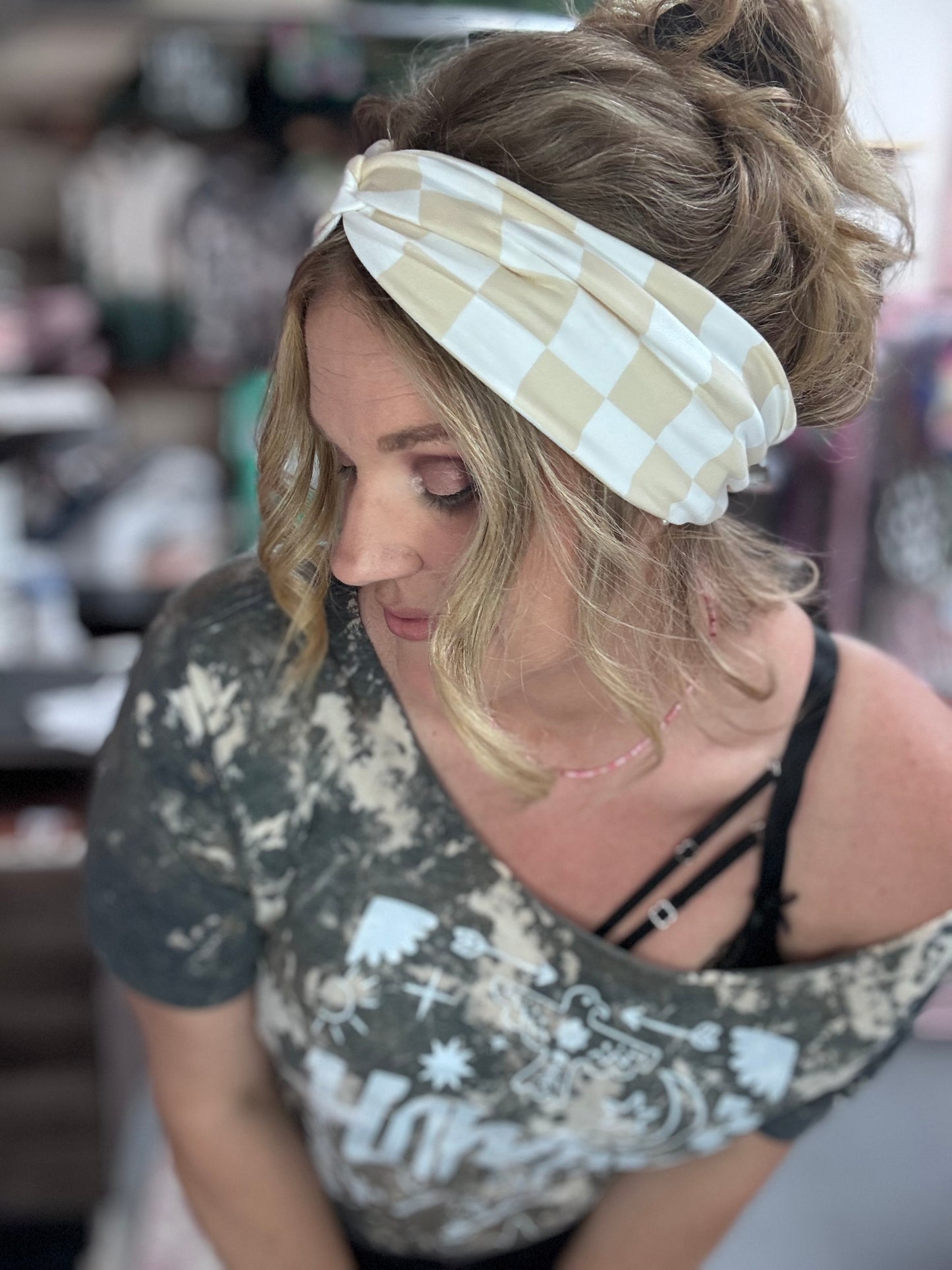 Cream and white checker headband