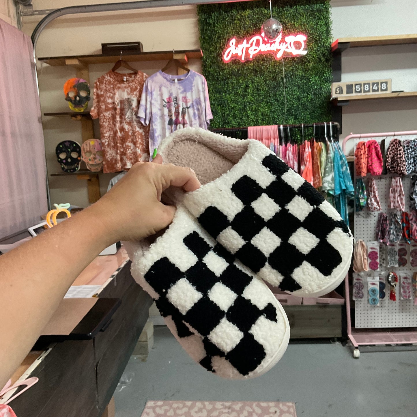 Black and white checkered slippers