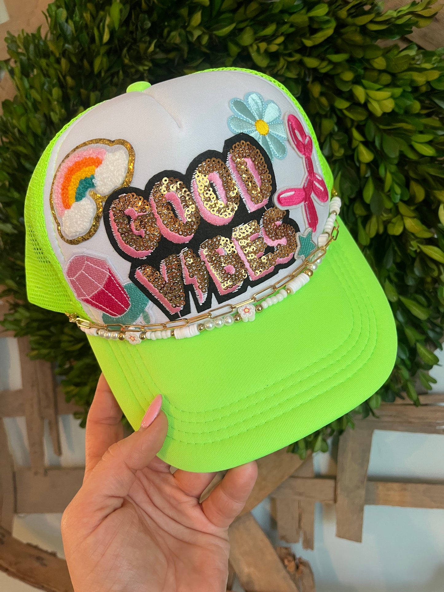 Good vibes neon green trucker