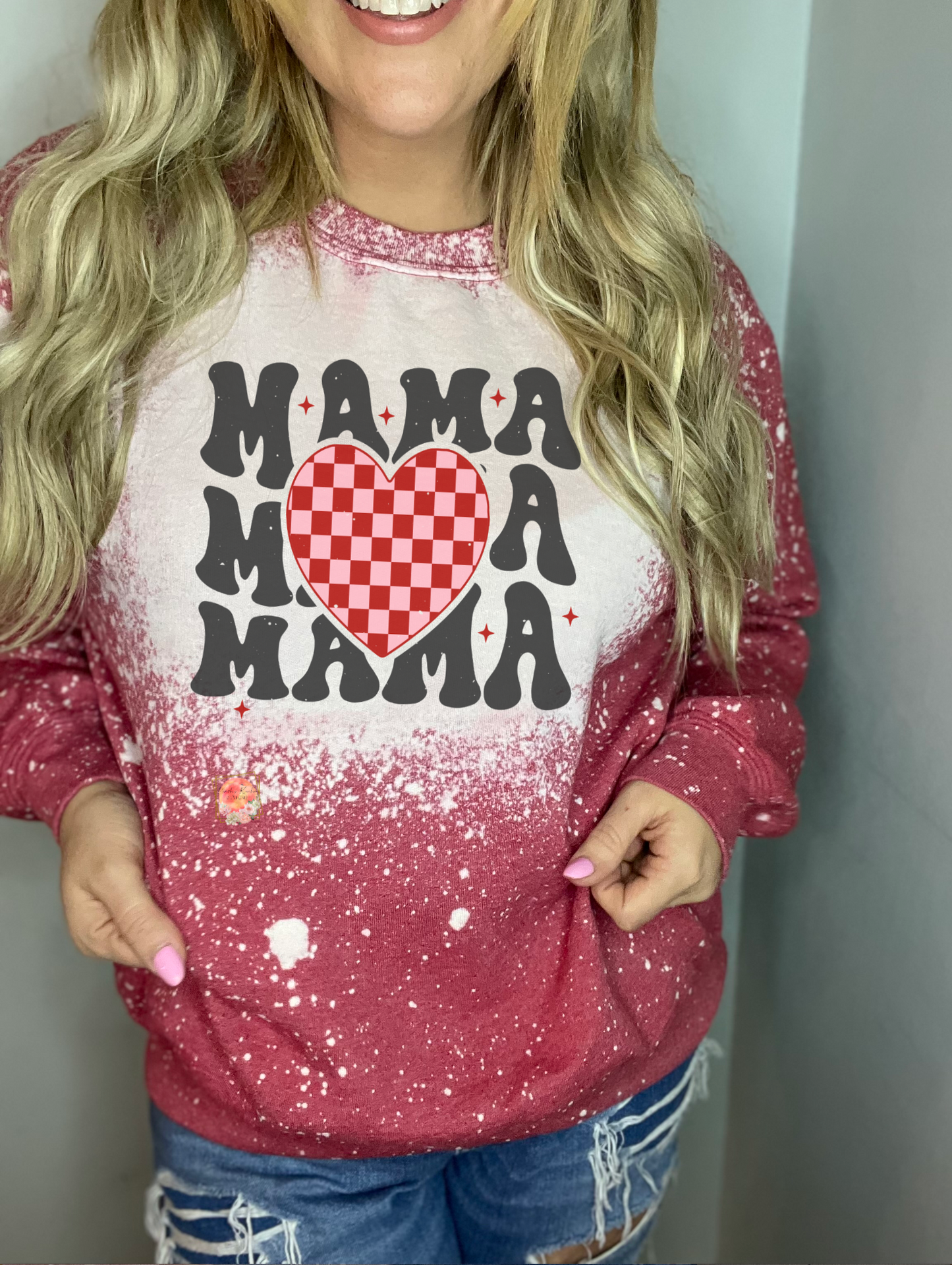 Stacked mama with red and white checker heart