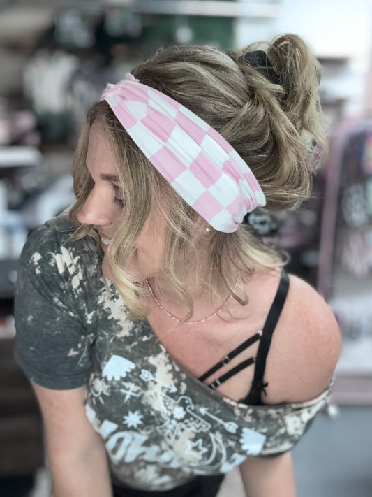 Pink and white checker headband