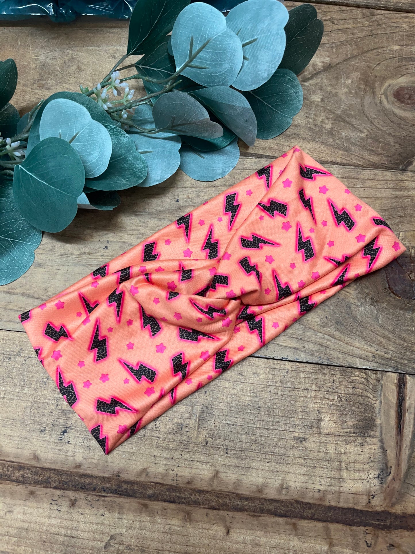 Peach and leopard lightning bolt headband