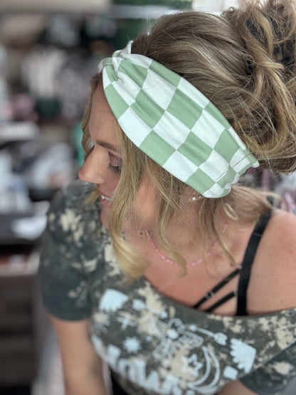 Sage and white checker headband