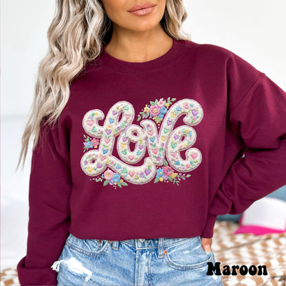 Faux Chenille LOVE - White Floral