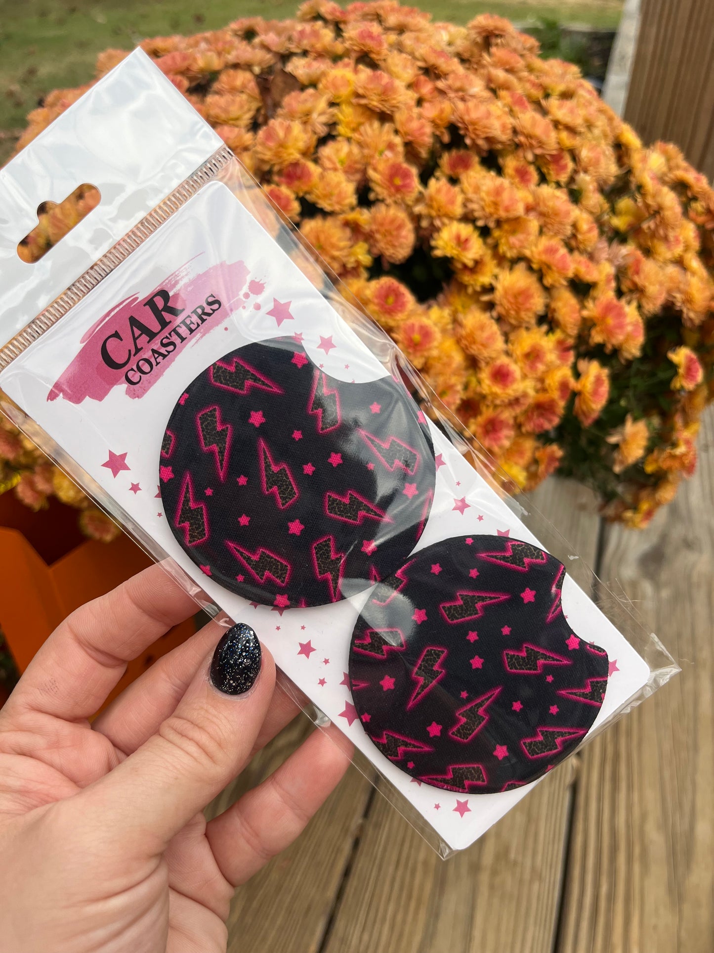 Black and neon pink leopard lightning car coasters￼
