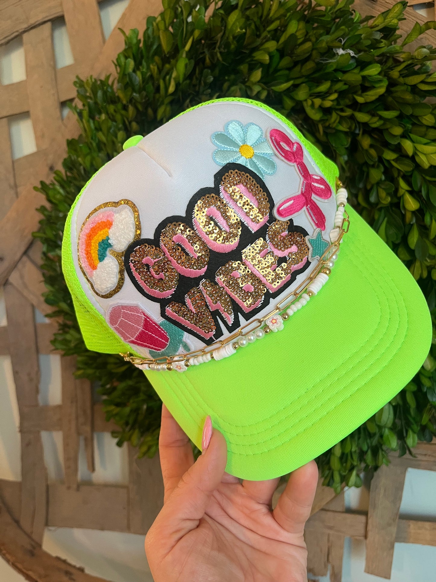 Good vibes neon green trucker