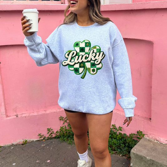 Faux Chenille Lucky Checker Shamrock