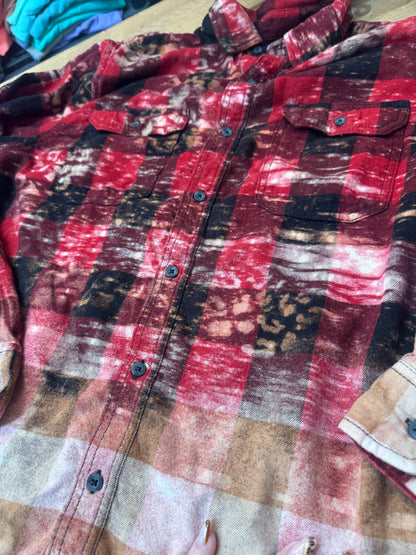 Size Large black and red checker leopard bleached flannel