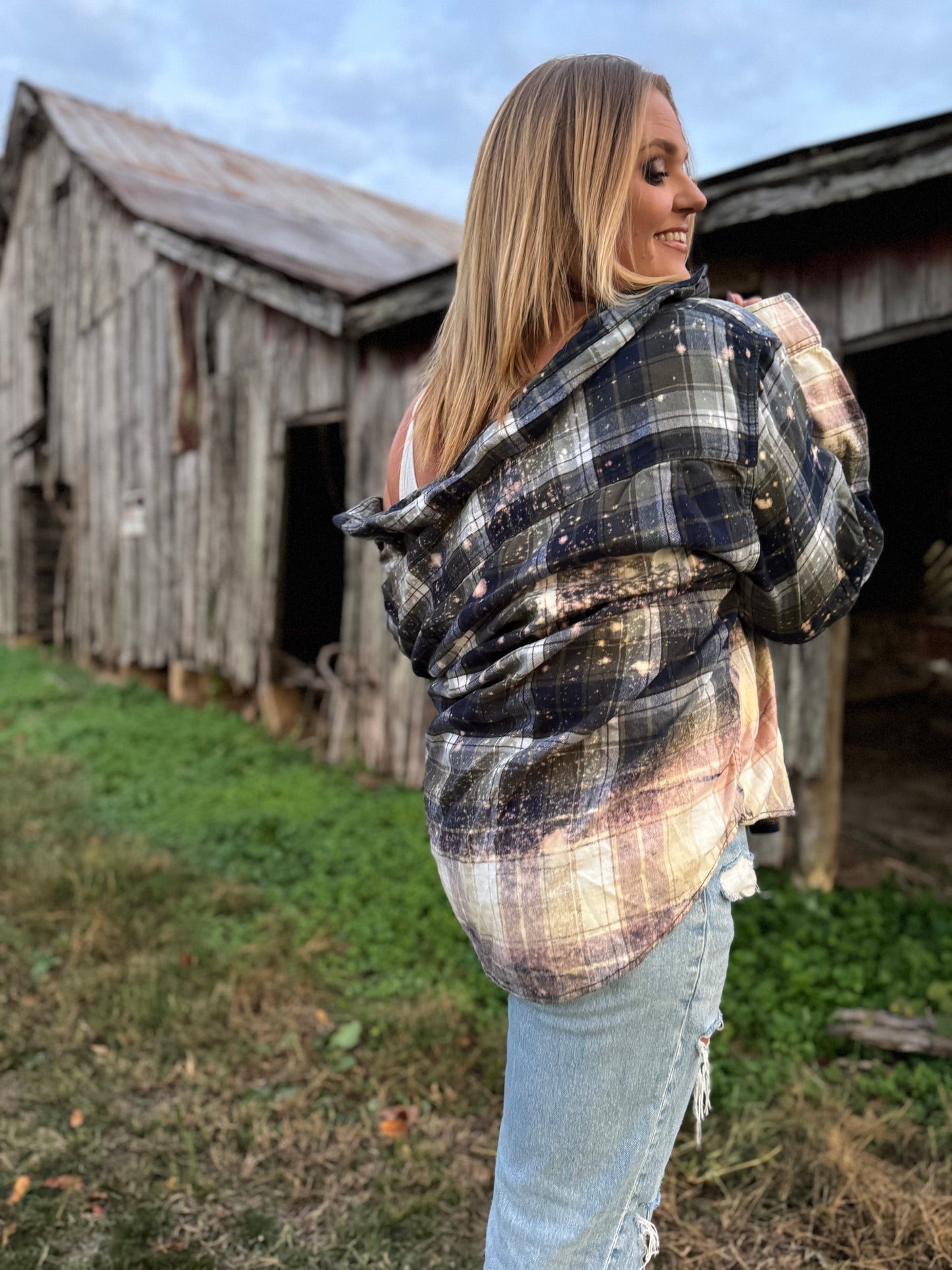 Navy and Sage bleached flannel