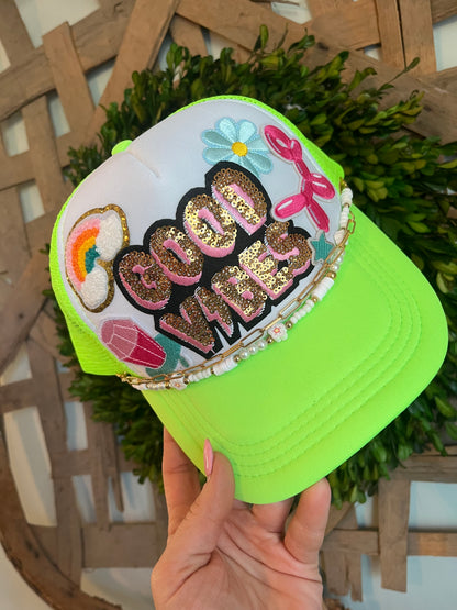 Good vibes neon green trucker