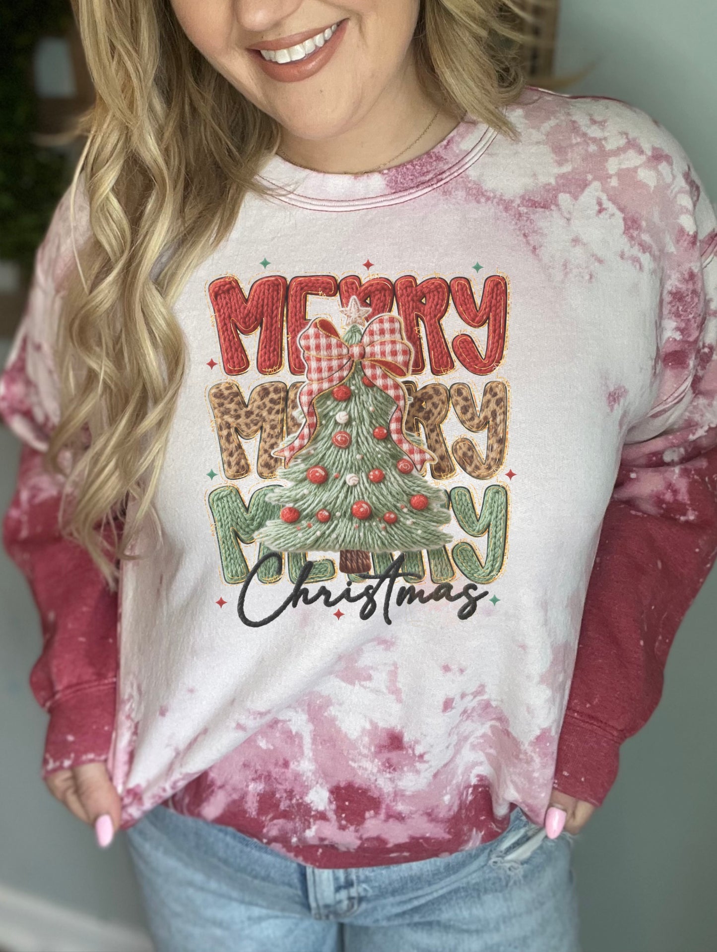 Faux embroidered merry tree stacked