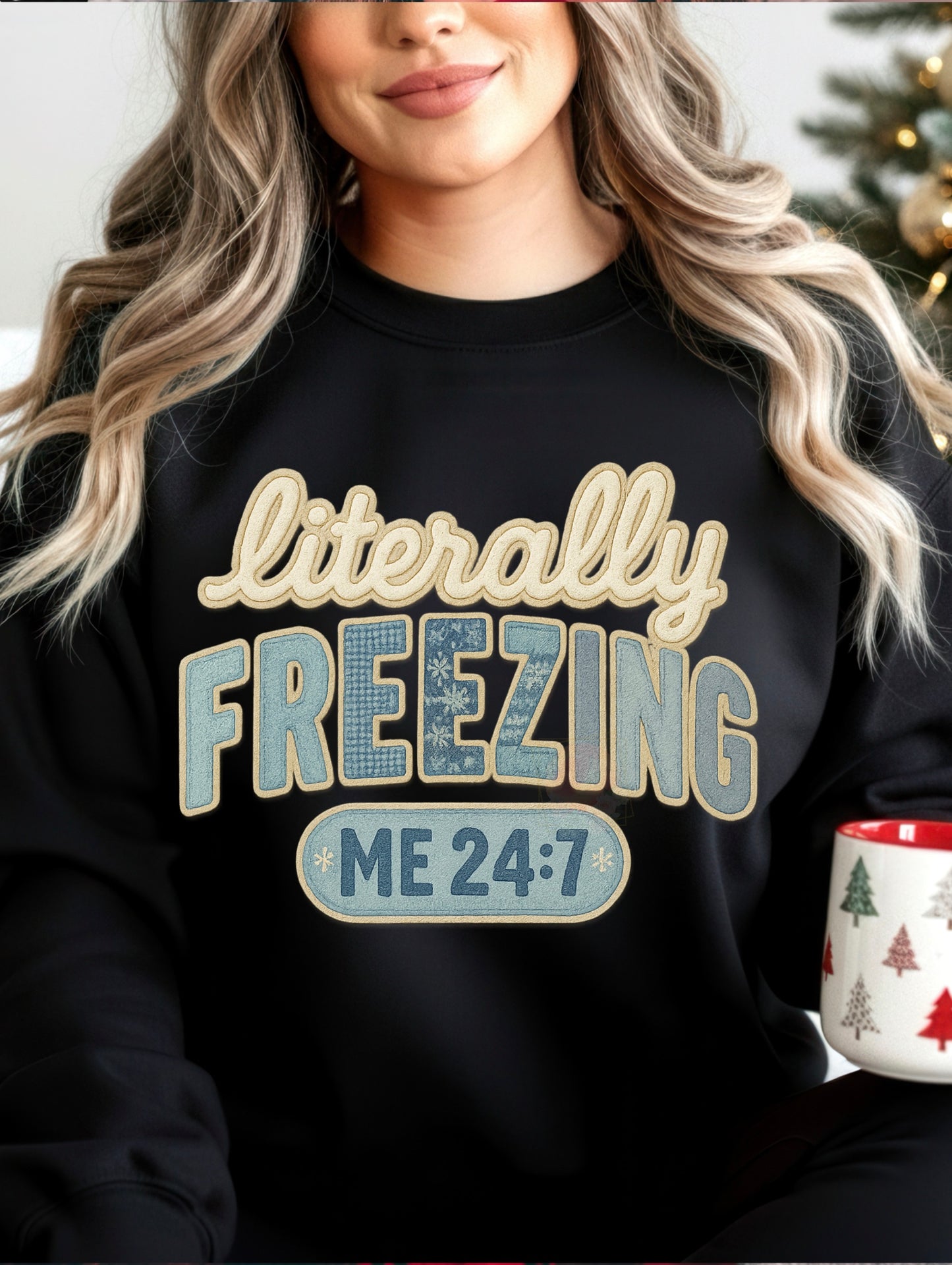 Blue faux embroidered literally freezing