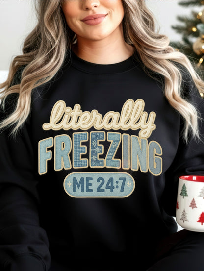 Blue faux embroidered literally freezing