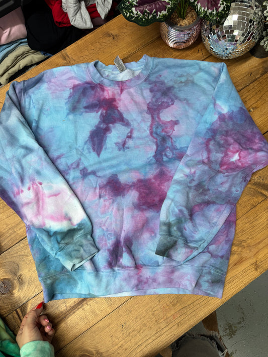 Size large blue and deep magenta tie dye crewneck sweatshirt