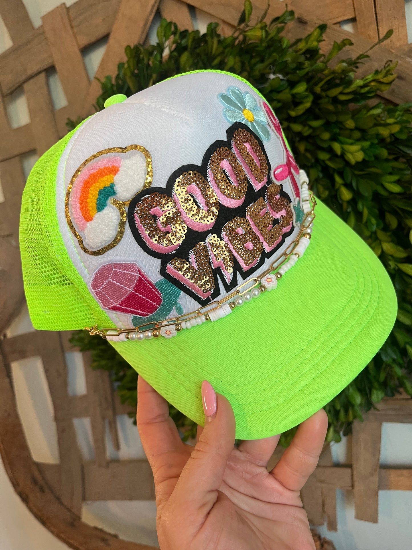 Good vibes neon green trucker