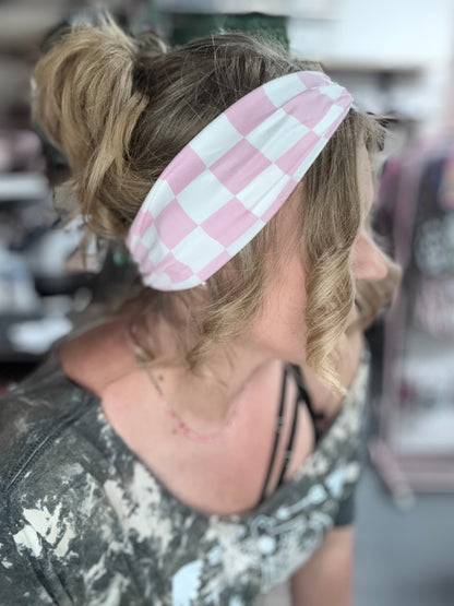 Pink and white checker headband