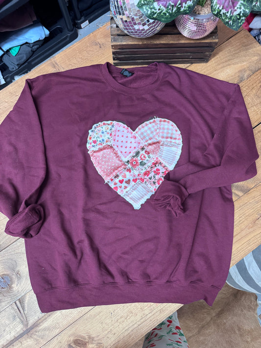 Size XL imperfect patchwork heart crewneck