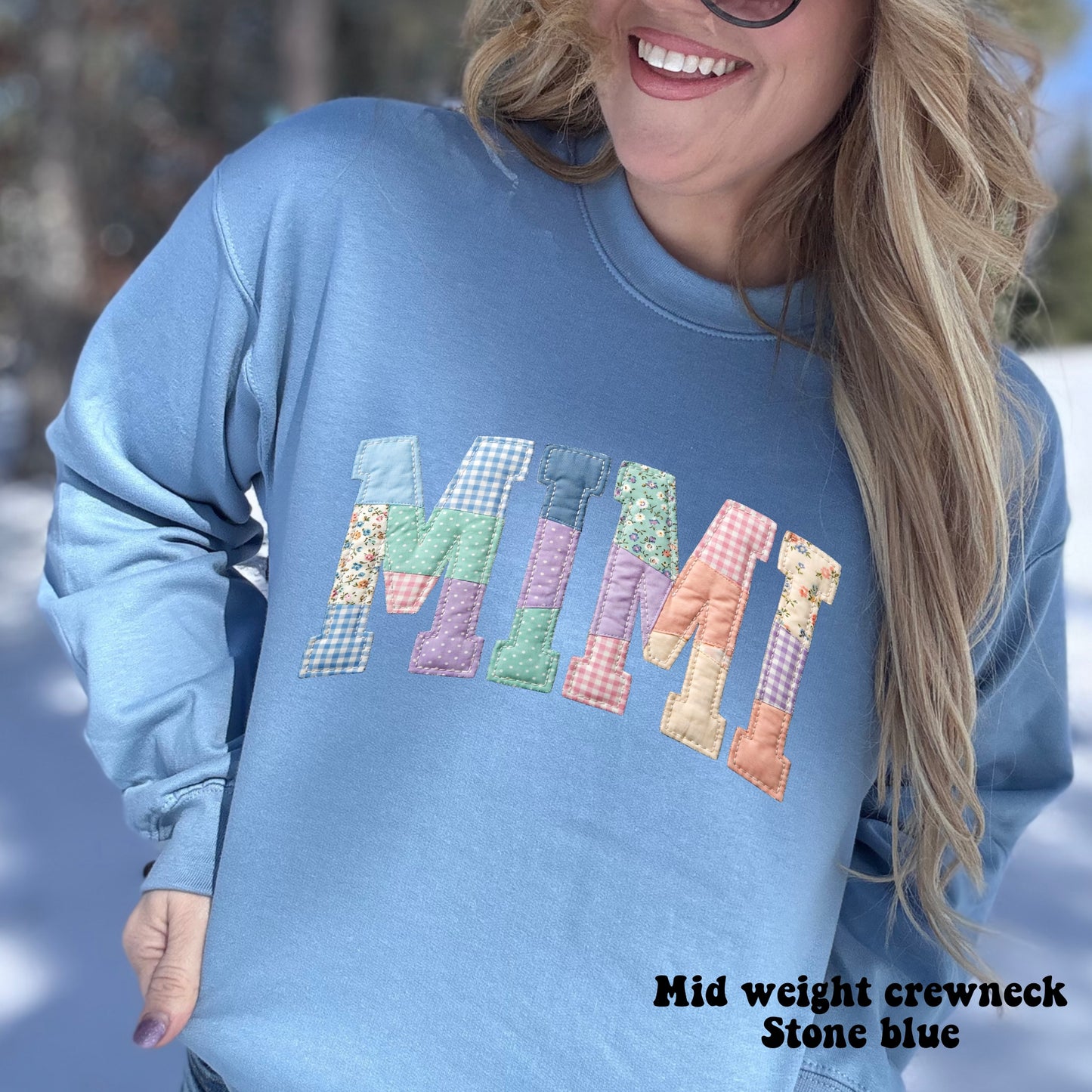 Faux Patchwork Blue/ Peach MAMA/MIMI/GIGI/NANA