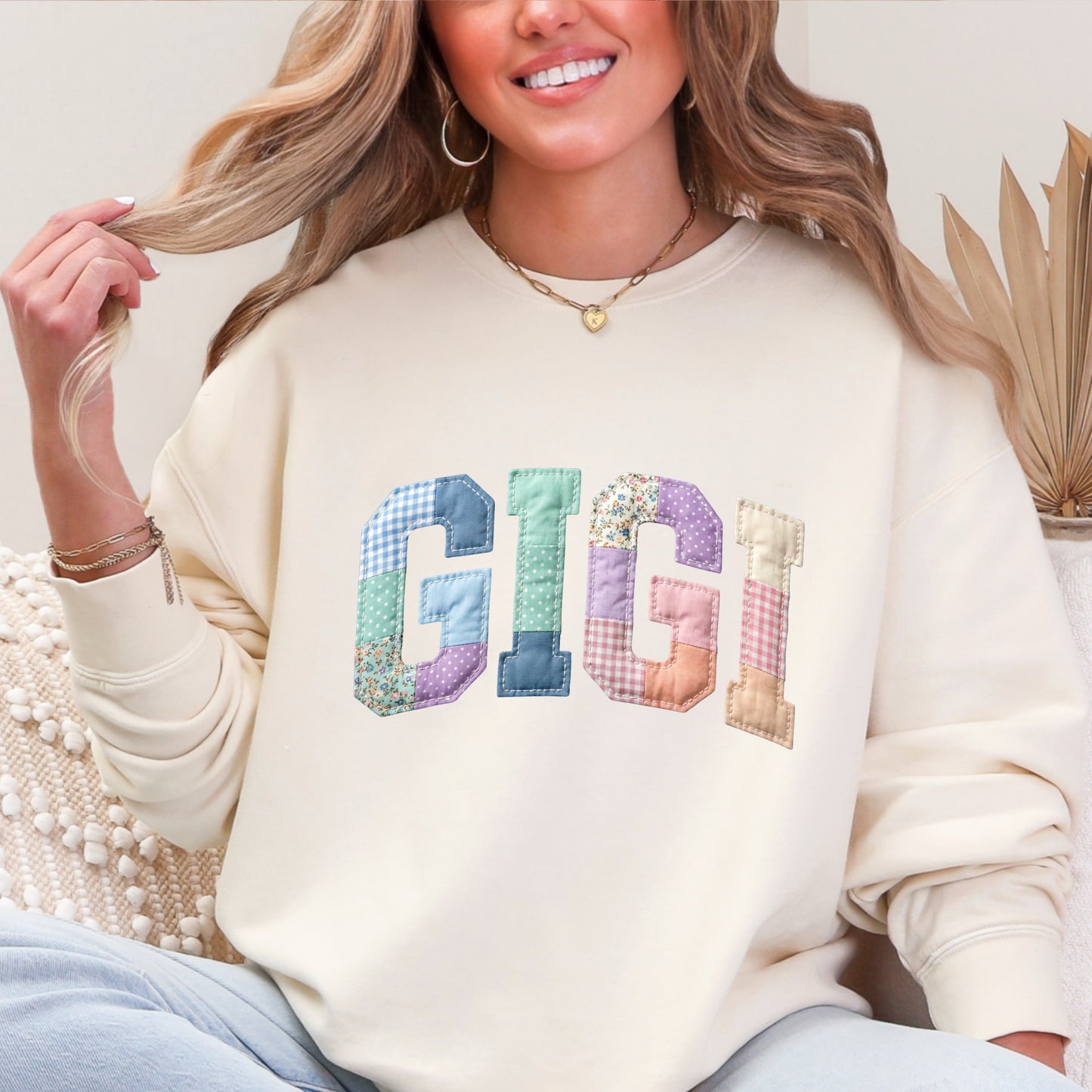 Faux Patchwork Blue/ Peach MAMA/MIMI/GIGI/NANA