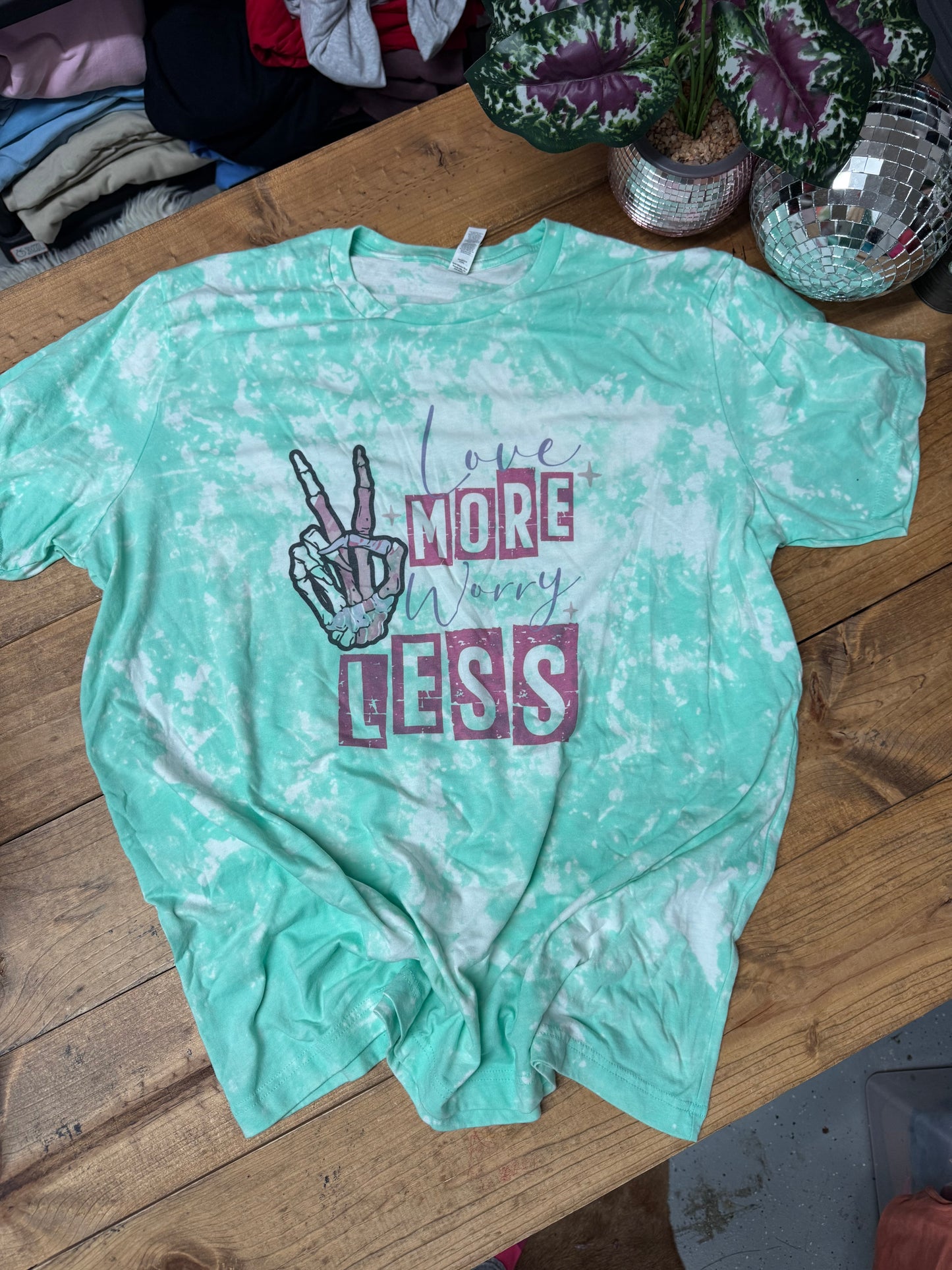 Size 2XL mint acid “love more worry less” tee