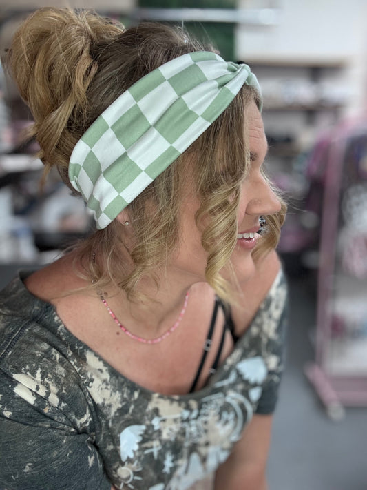 Sage and white checker headband