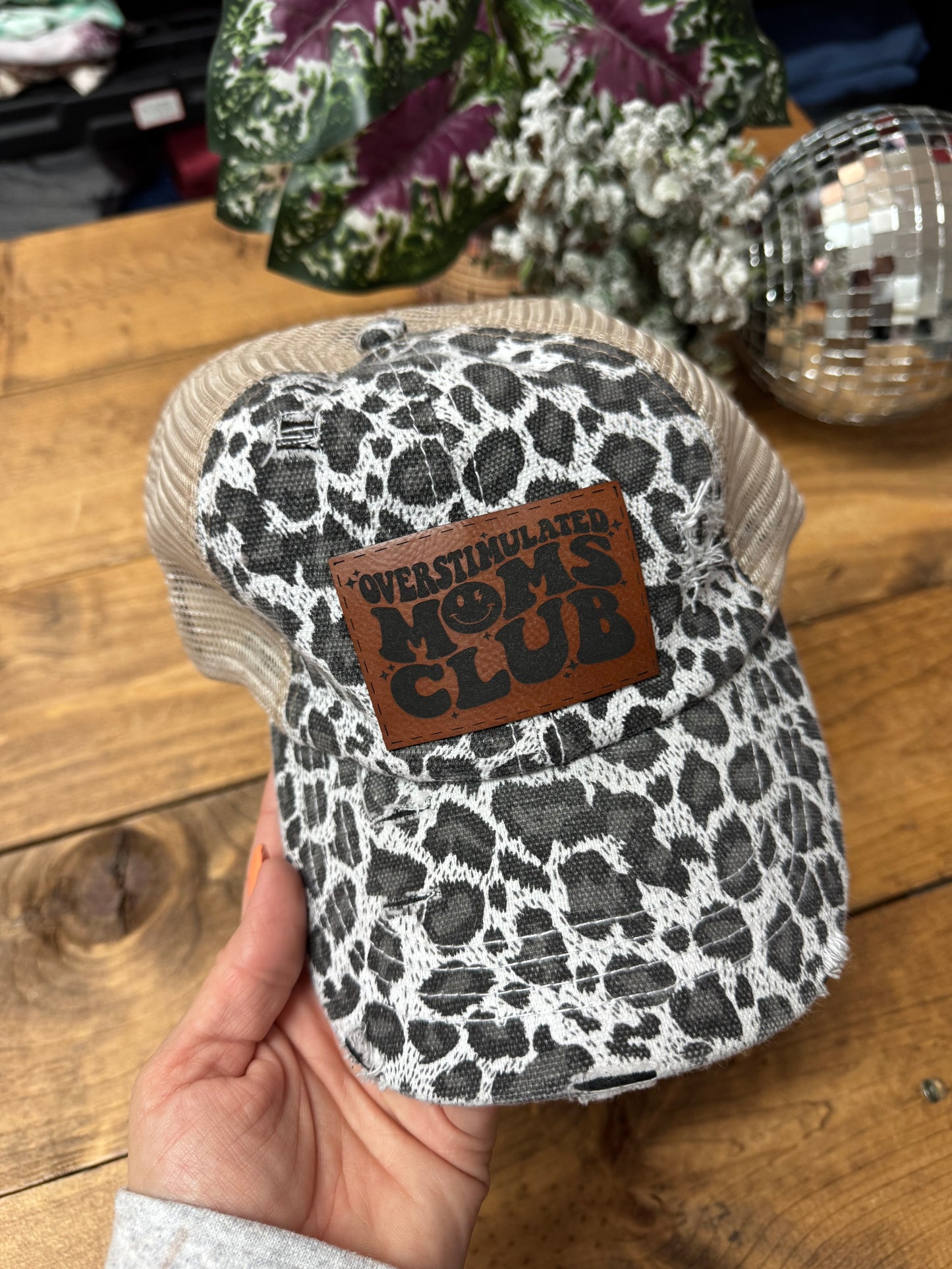 Gray leopard overstimulated moms club ponytail hat