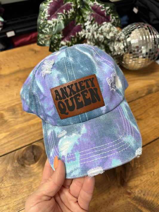 Blue and purple tie dye anxiety queen crisscross ponytail hat