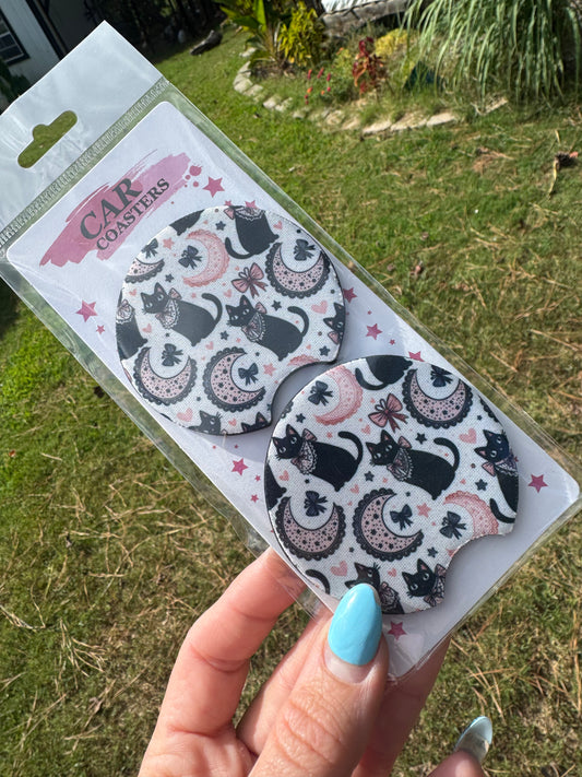Black cat & crescent moon car coasters