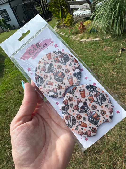 Pumpkin spice Skelly girl car coasters