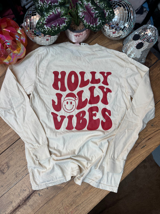 Size medium holly jolly bones long sleeve comfort colors tee (red text)