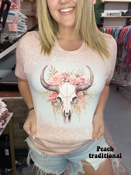 Peach floral steer skull
