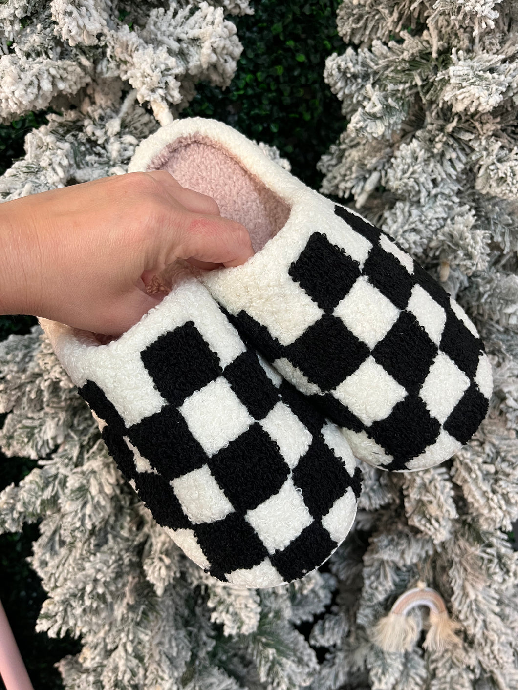 Black and white checkered slippers