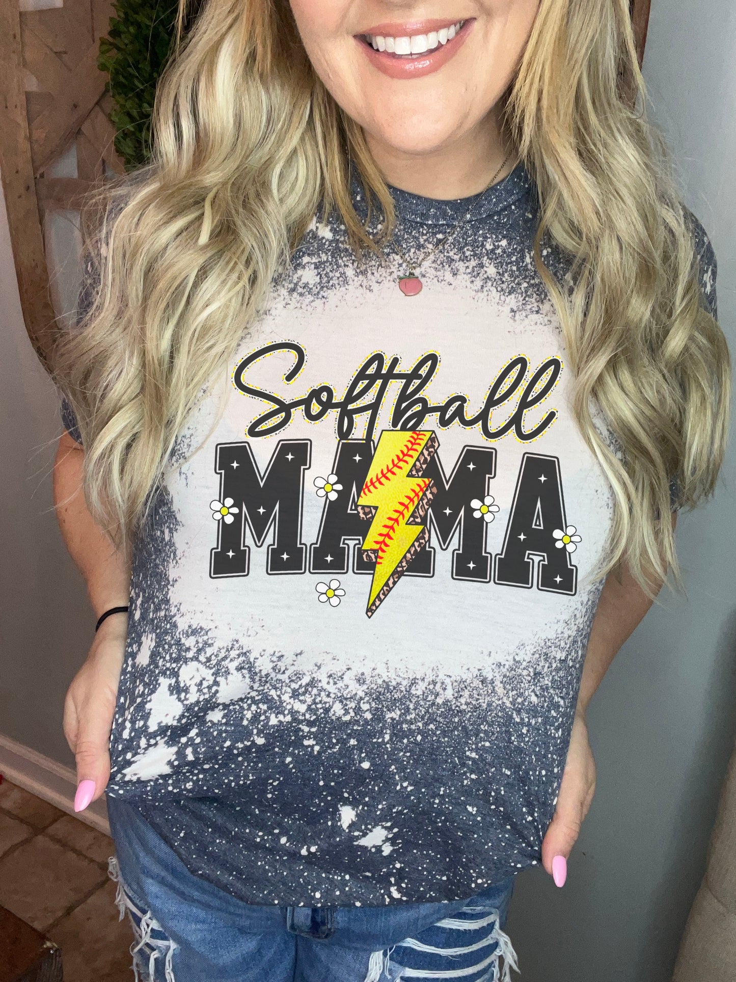 Softball mama with lightning bolt and flowers