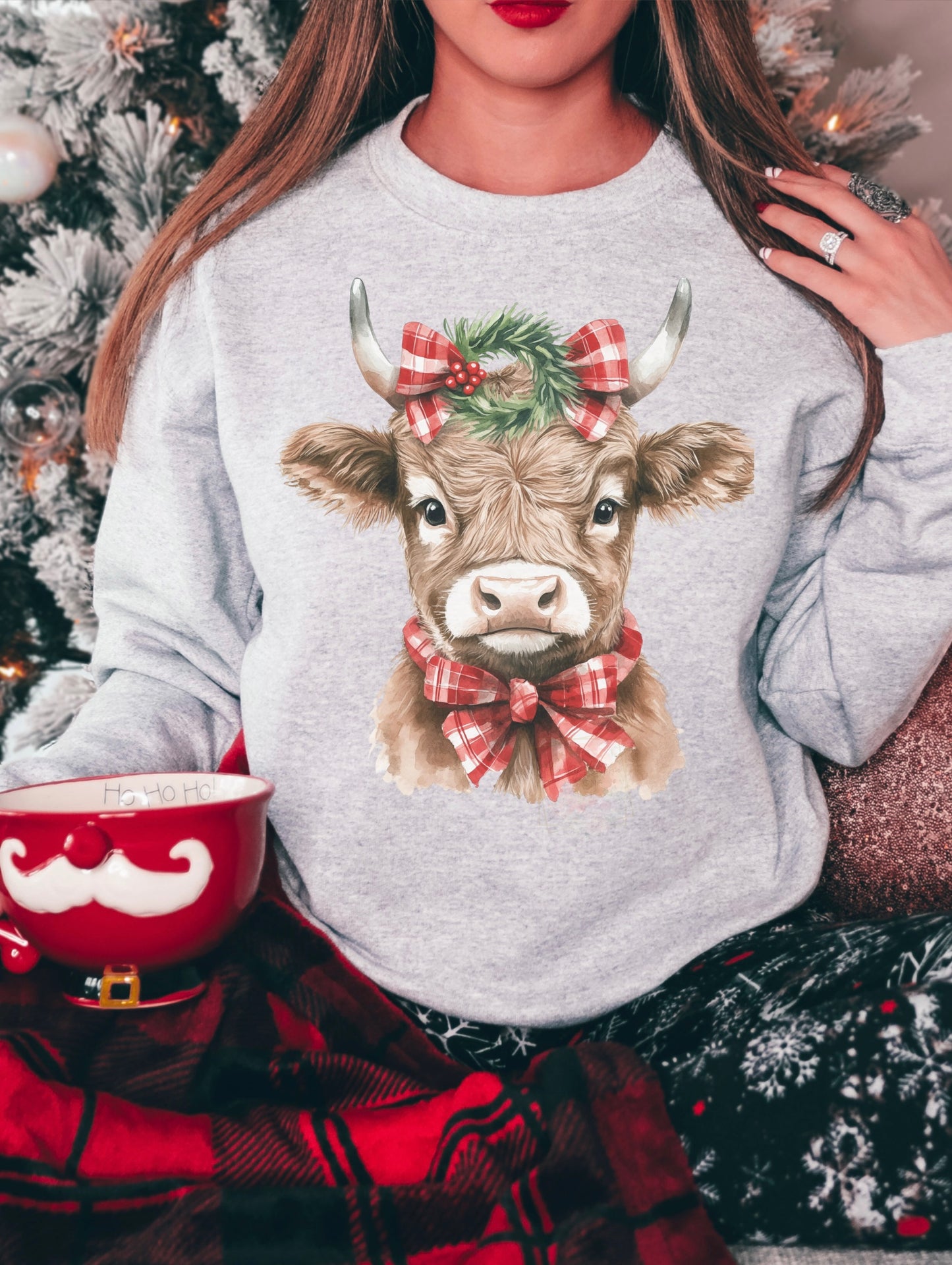Christmas cow with plaid wreath bow