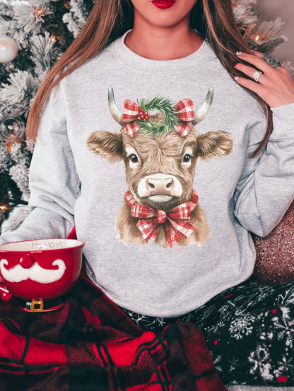Christmas cow with plaid wreath bow