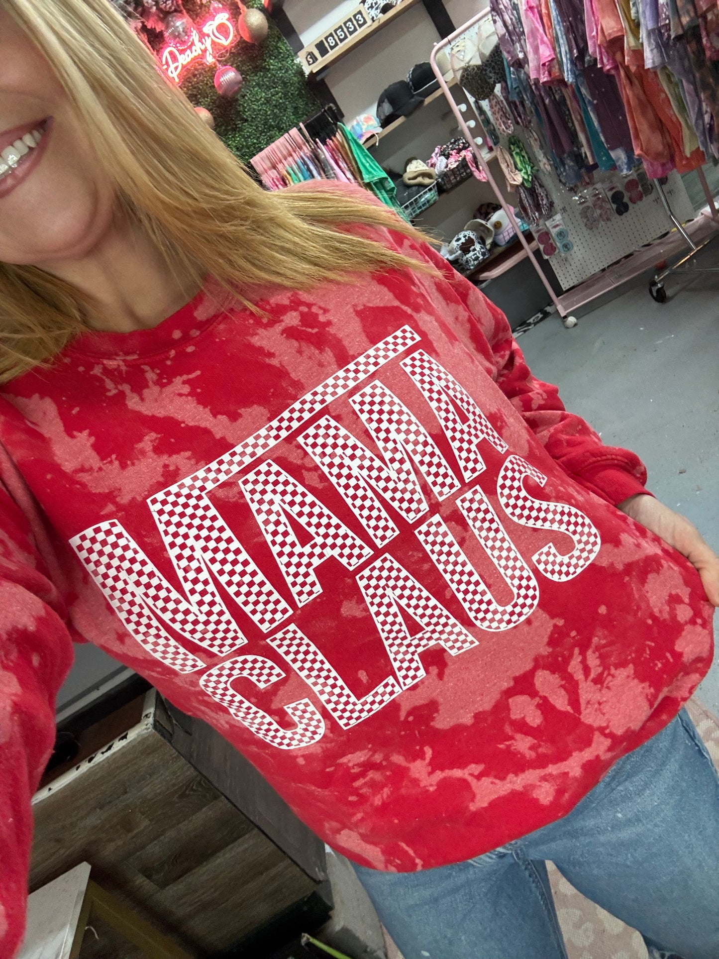 Checkered Mama Claus 2 tone red sweater