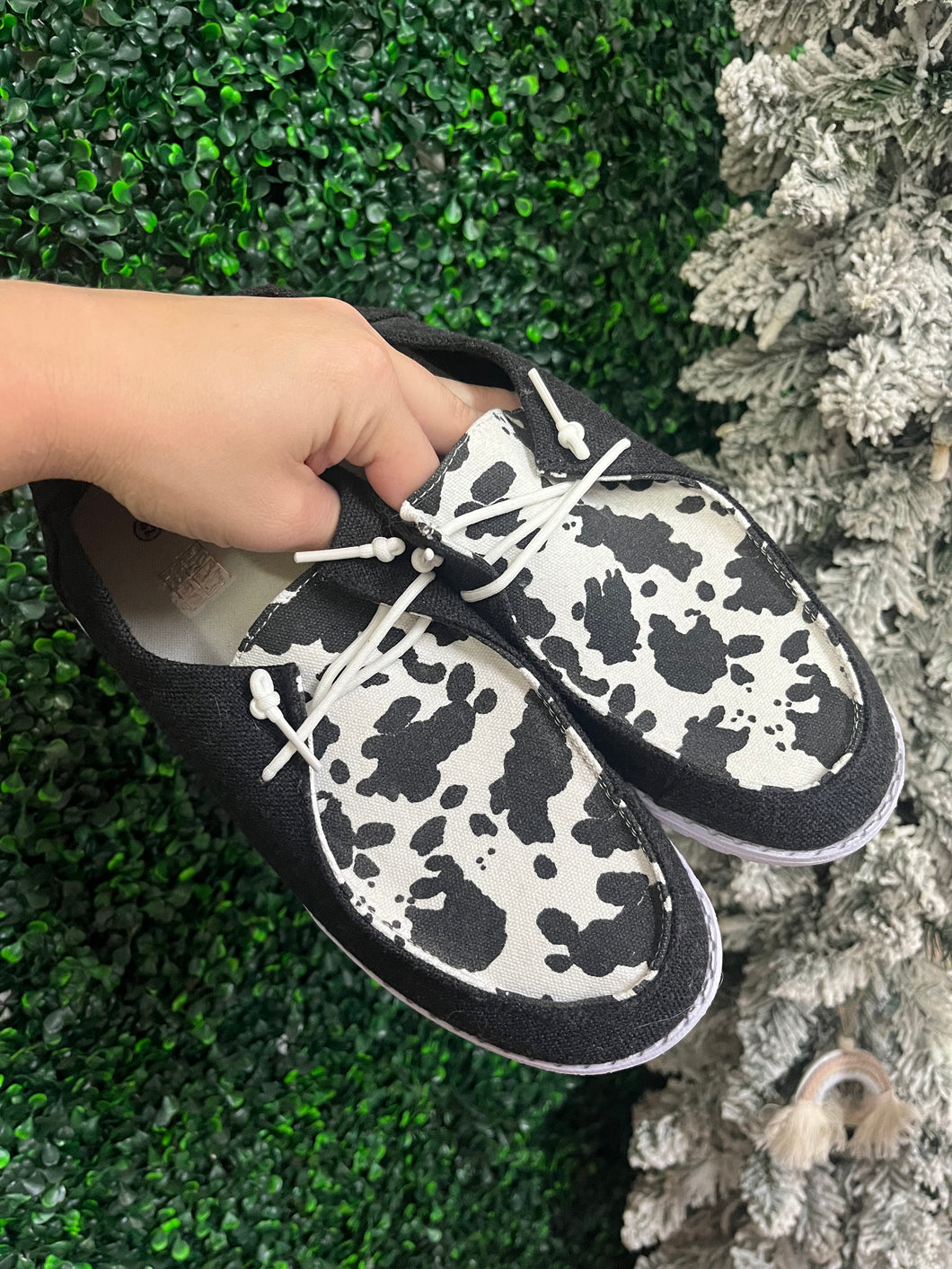 Cow print canvas slip on shoes
