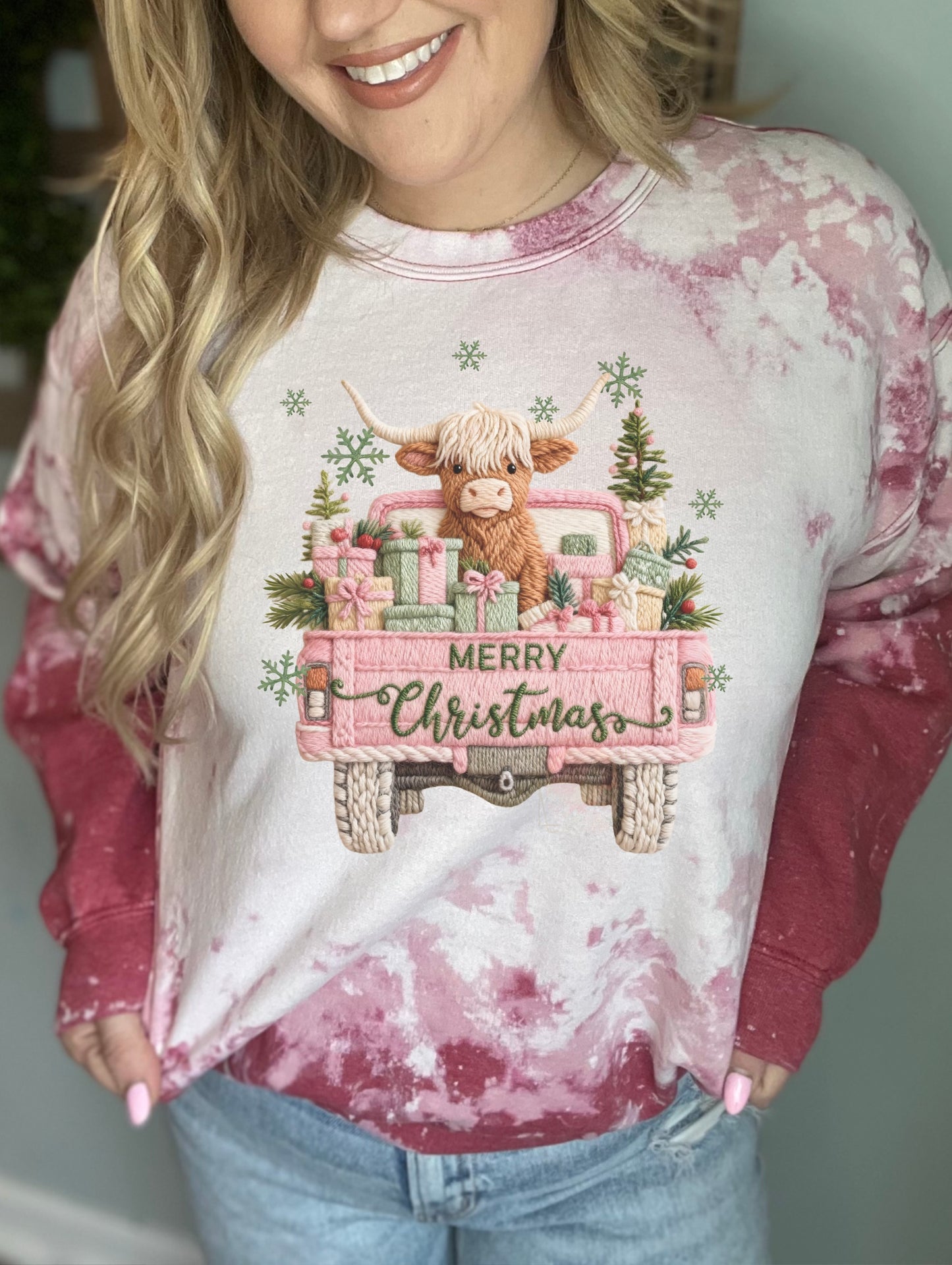 Faux embroidered pink Christmas cow