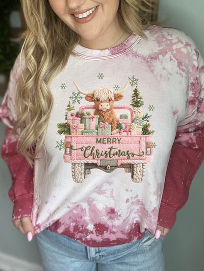 Faux embroidered pink Christmas cow