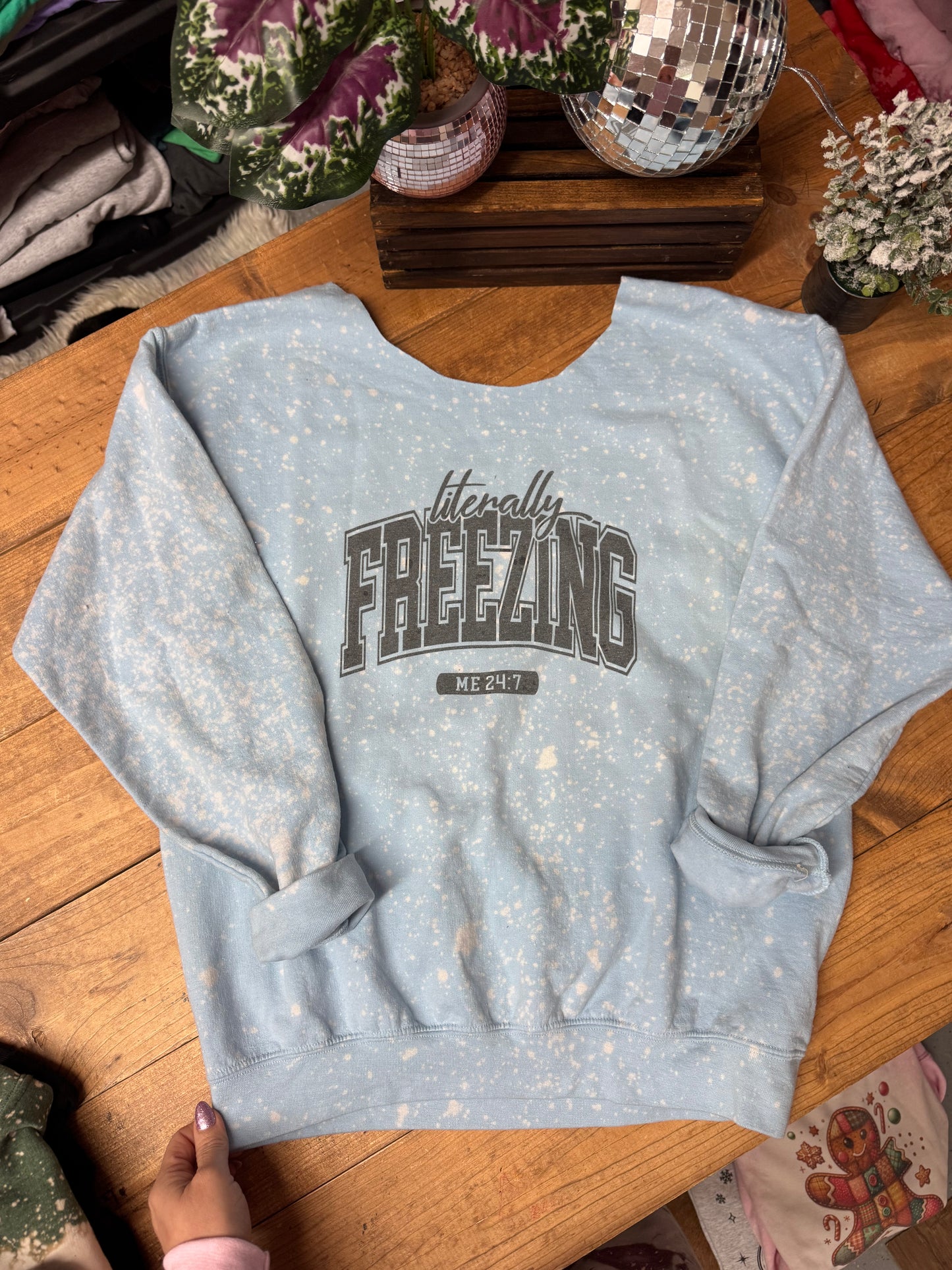 Size MEDIUM imperfect literally freezing sweater (cut off the shoulder)